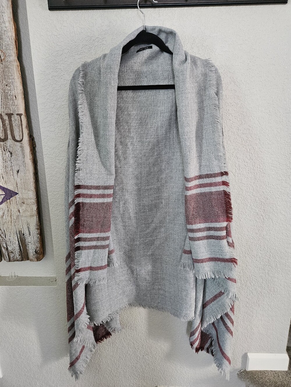 Papermoon Light Gray Open Front Poncho with Burgundy Stripe